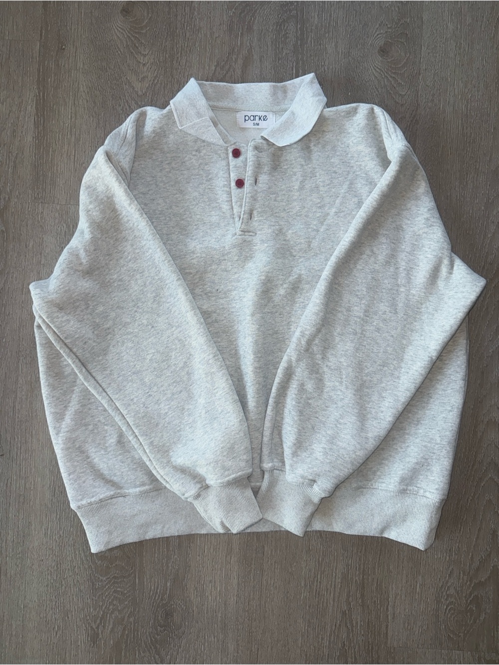 Parke Heather Gray Polo Sweatshirt S/M Oversized Pullover Red Buttons